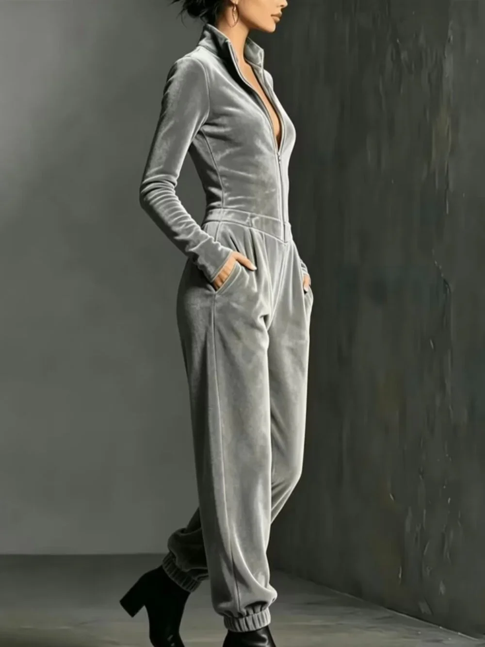 Women'S Elegant Jumpsuit, Stand Collar, Half Zipper, Slim Fit, Tapered Leg Casua